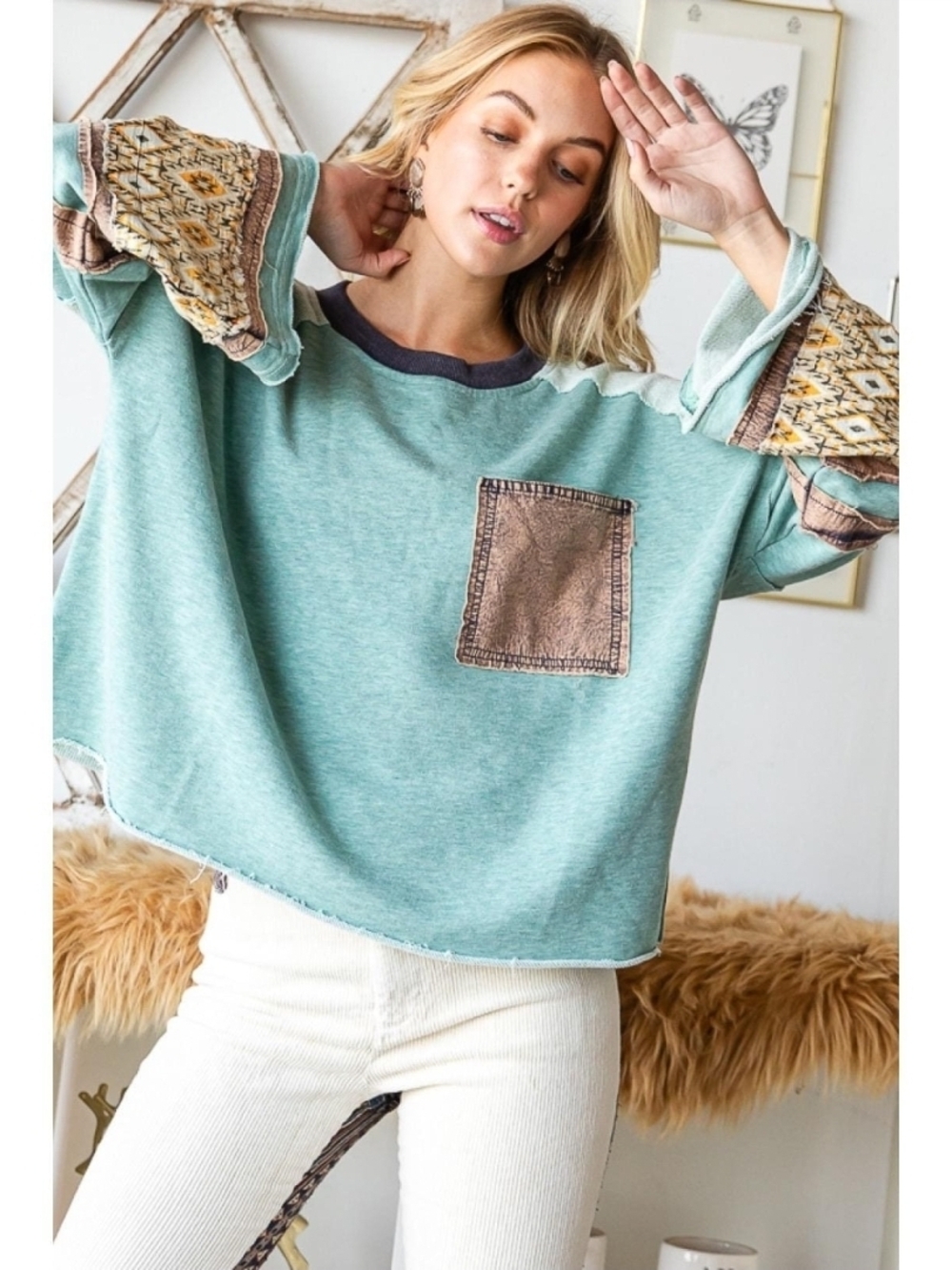SOLD! NEW!!! Oli And Hali Casual Mint Green Patchwork Sleeve Women's Top, Sz L - Picture 2 of 4